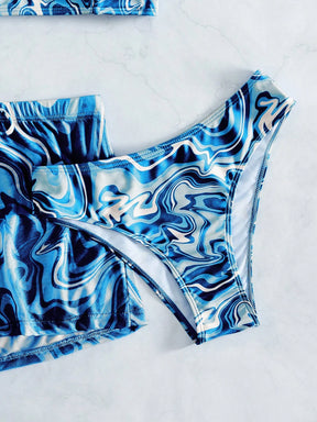SHEIN Swim Conjunto de Maiô Bikini feminino com alças finas para o verão na Praia com Estampa de Redemoinho, impressionados aleatoriamente.