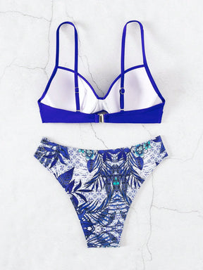 Conjunto de Maiô Bikini feminino para o verão com top sem alças cruzado à frente e Bottom de Maiô Bikini imprimido com plantas tropicais, roupa de banho, impressão aleatória