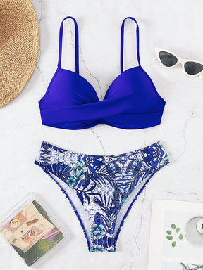 Conjunto de Maiô Bikini feminino para o verão com top sem alças cruzado à frente e Bottom de Maiô Bikini imprimido com plantas tropicais, roupa de banho, impressão aleatória