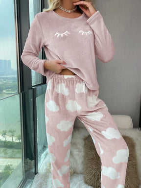 Conjunto de Pijama de Manga Longa de Flanela com Bordado de Cílios