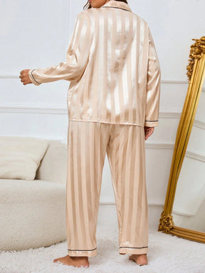 LuxeNights Conjunto de Pijama Elegante de Manga Longa com Bolso, Listras de Gorgurão, Cor Sólida, Plus Size Feminino, Outono/Inverno