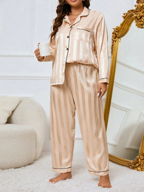 LuxeNights Conjunto de Pijama Elegante de Manga Longa com Bolso, Listras de Gorgurão, Cor Sólida, Plus Size Feminino, Outono/Inverno
