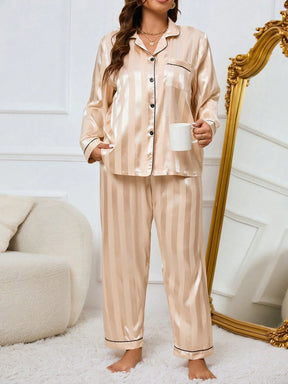 LuxeNights Conjunto de Pijama Elegante de Manga Longa com Bolso, Listras de Gorgurão, Cor Sólida, Plus Size Feminino, Outono/Inverno