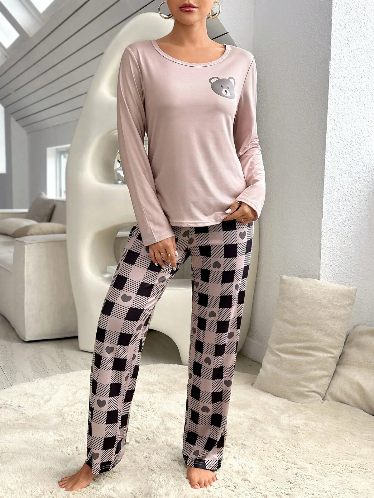 Conjunto de Pijama com Camiseta de Gráfico Cartoon e Calça Xadrez