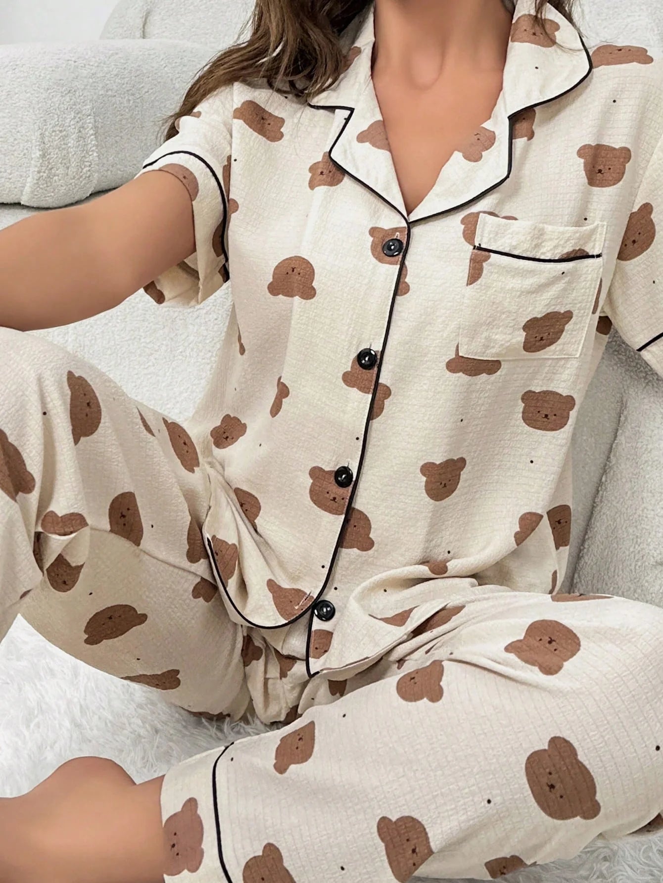 Conjunto de Pijama com Tubulação de Contraste Gráfico Cartoon
