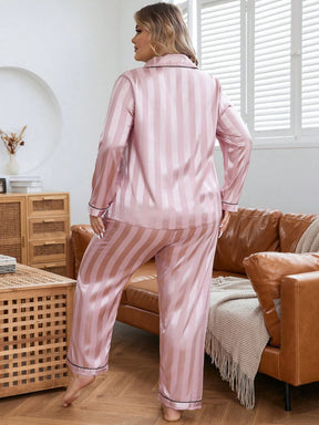 LuxeNights Conjunto de Pijama Elegante de Manga Longa com Bolso, Listras de Gorgurão, Cor Sólida, Plus Size Feminino, Outono/Inverno