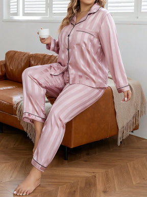LuxeNights Conjunto de Pijama Elegante de Manga Longa com Bolso, Listras de Gorgurão, Cor Sólida, Plus Size Feminino, Outono/Inverno