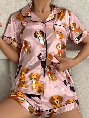 Conjunto de Pijama / Pijama de Cetim com Filete de Contraste Gráfico de Desenho Animado