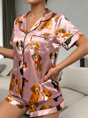 Conjunto de Pijama / Pijama de Cetim com Filete de Contraste Gráfico de Desenho Animado