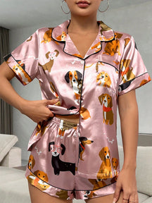 Conjunto de Pijama / Pijama de Cetim com Filete de Contraste Gráfico de Desenho Animado