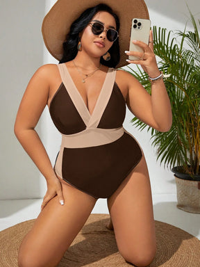 SHEIN Swim Curve Plus Bloco De Cores Gola de Mergulho Fato De Banho De Uma Peça