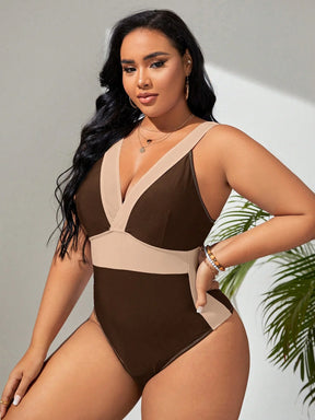 SHEIN Swim Curve Plus Bloco De Cores Gola de Mergulho Fato De Banho De Uma Peça