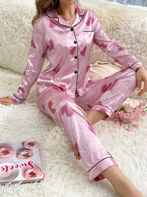 Conjunto de Pijama com Calça de Manga Longa e Gola Virada, Estampa de Coração Imitação de Seda