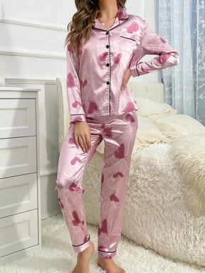 Conjunto de Pijama com Calça de Manga Longa e Gola Virada, Estampa de Coração Imitação de Seda