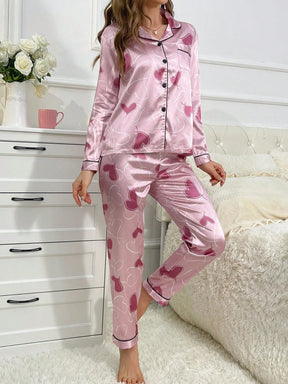 Conjunto de Pijama com Calça de Manga Longa e Gola Virada, Estampa de Coração Imitação de Seda