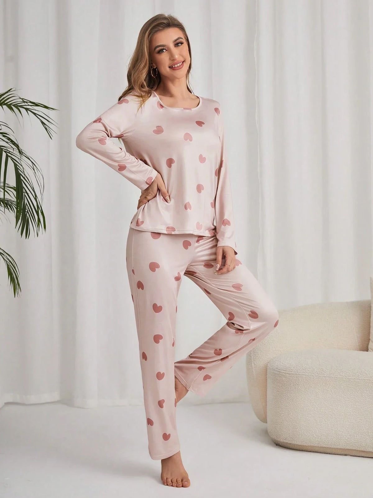 Conjunto de Pijama/Pijama com Estampa de Coração em Camiseta e Calça