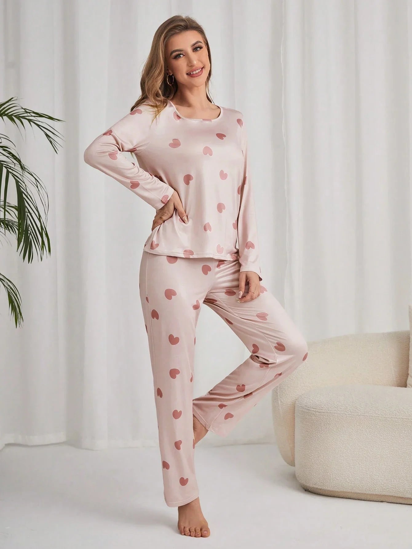 Conjunto de Pijama/Pijama com Estampa de Coração em Camiseta e Calça