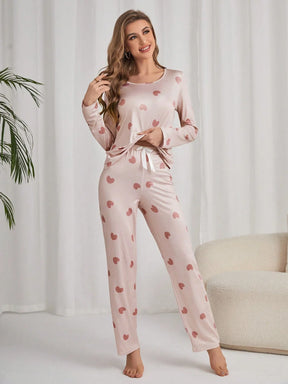 Conjunto de Pijama/Pijama com Estampa de Coração em Camiseta e Calça