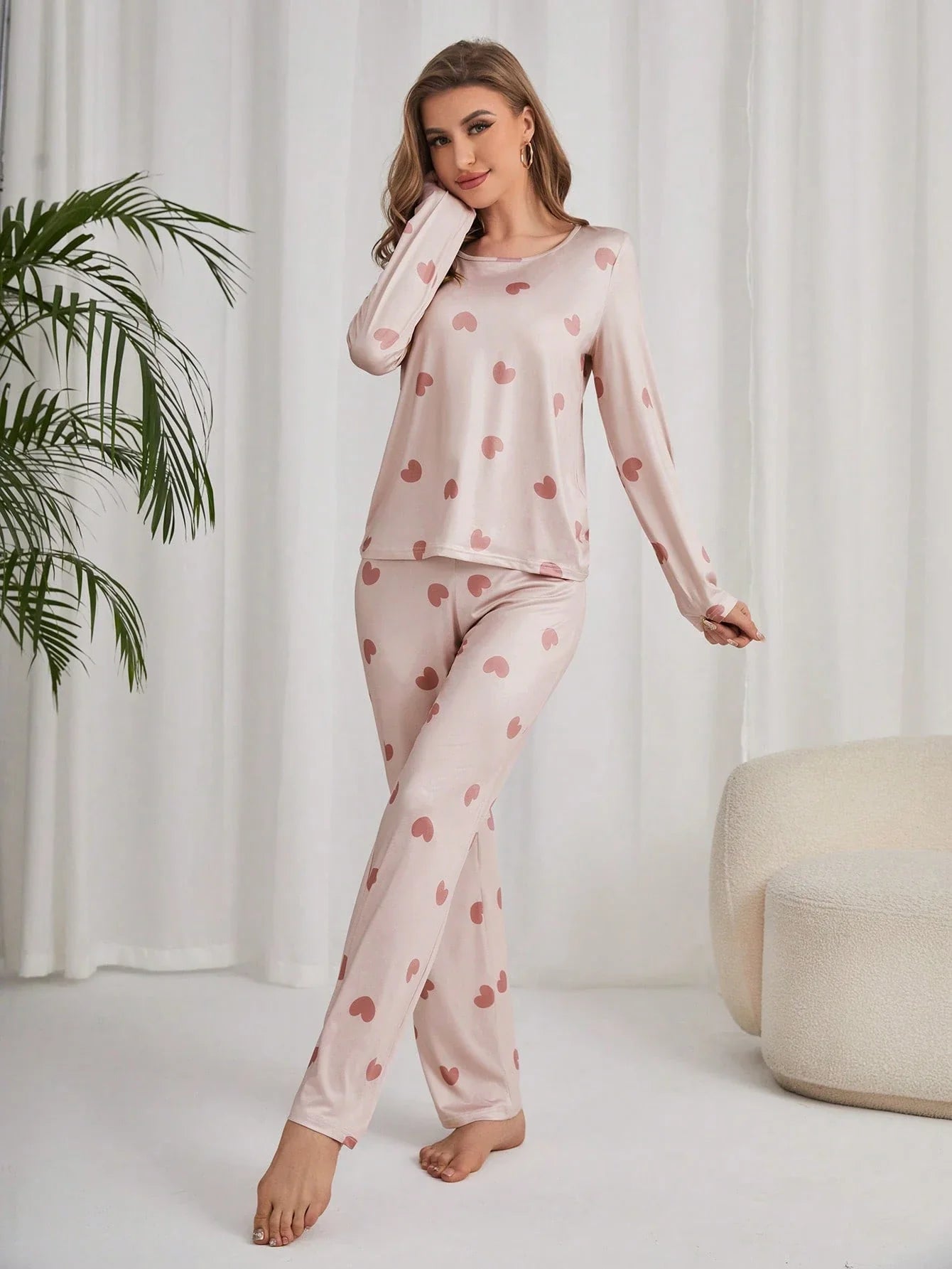 Conjunto de Pijama/Pijama com Estampa de Coração em Camiseta e Calça