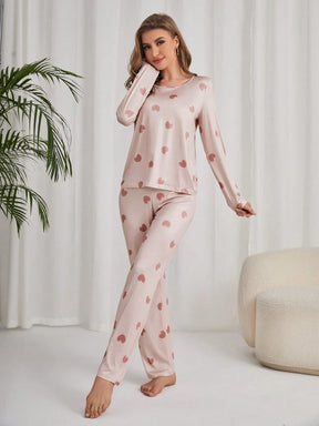 Conjunto de Pijama/Pijama com Estampa de Coração em Camiseta e Calça