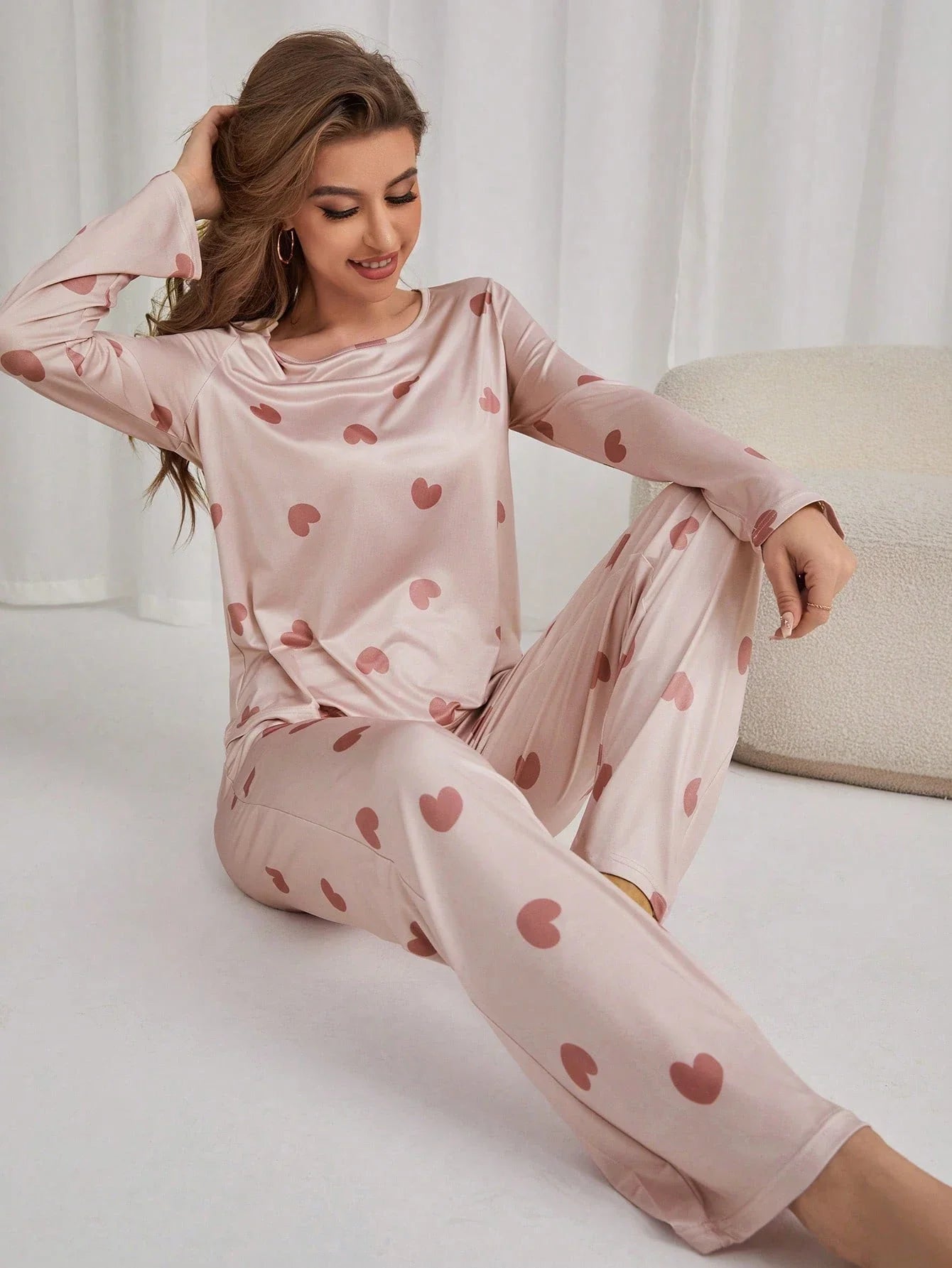 Conjunto de Pijama/Pijama com Estampa de Coração em Camiseta e Calça