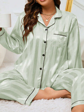 LuxeNights Conjunto de Pijama Elegante de Manga Longa com Bolso, Listras de Gorgurão, Cor Sólida, Plus Size Feminino, Outono/Inverno