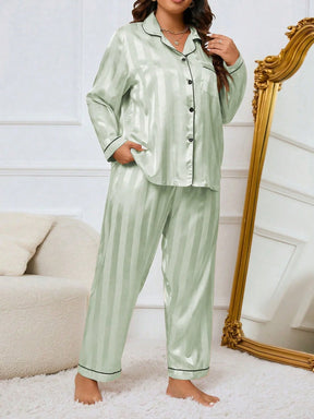 LuxeNights Conjunto de Pijama Elegante de Manga Longa com Bolso, Listras de Gorgurão, Cor Sólida, Plus Size Feminino, Outono/Inverno