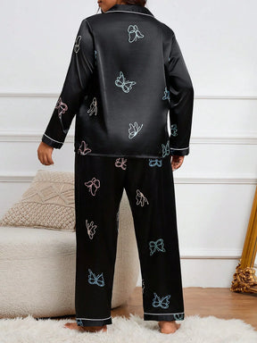 Conjunto de Pijama Cetim com Friso de Contraste Estampa de Borboleta
