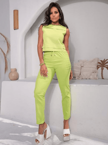 Conjunto Calça Cós Franzido E Cropped Sem Manga Aline