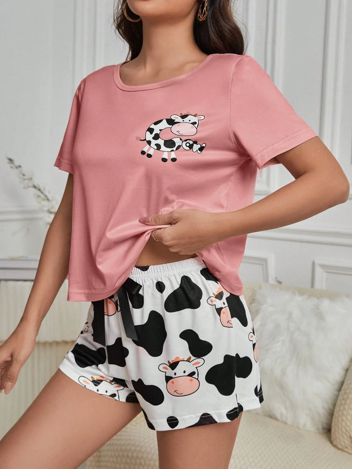 Conjunto De Pijama Feminino De Camiseta De Manga Curta Impressa De Vaca E Short
