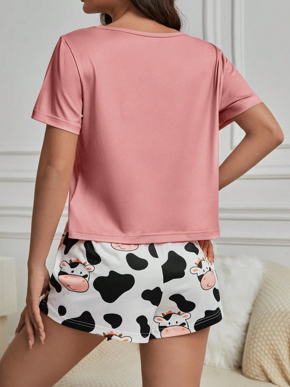 Conjunto De Pijama Feminino De Camiseta De Manga Curta Impressa De Vaca E Short