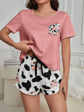 Conjunto De Pijama Feminino De Camiseta De Manga Curta Impressa De Vaca E Short