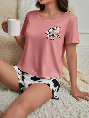 Conjunto De Pijama Feminino De Camiseta De Manga Curta Impressa De Vaca E Short