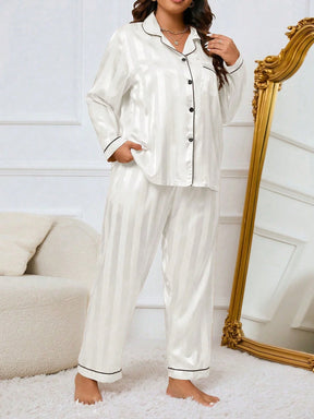 LuxeNights Conjunto de Pijama Elegante de Manga Longa com Bolso, Listras de Gorgurão, Cor Sólida, Plus Size Feminino, Outono/Inverno