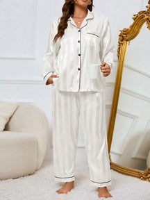 LuxeNights Conjunto de Pijama Elegante de Manga Longa com Bolso, Listras de Gorgurão, Cor Sólida, Plus Size Feminino, Outono/Inverno
