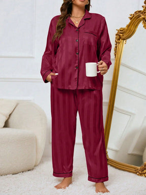 LuxeNights Conjunto de Pijama Elegante de Manga Longa com Bolso, Listras de Gorgurão, Cor Sólida, Plus Size Feminino, Outono/Inverno