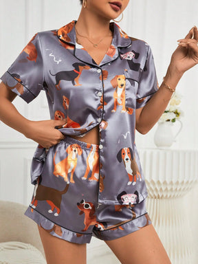 Conjunto de Pijama / Pijama de Cetim com Filete de Contraste Gráfico de Desenho Animado