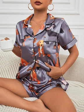 Conjunto de Pijama / Pijama de Cetim com Filete de Contraste Gráfico de Desenho Animado