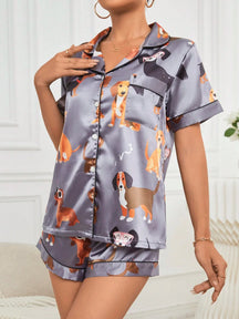 Conjunto de Pijama / Pijama de Cetim com Filete de Contraste Gráfico de Desenho Animado