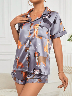 Conjunto de Pijama / Pijama de Cetim com Filete de Contraste Gráfico de Desenho Animado