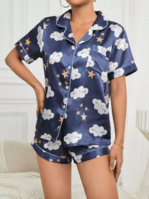 Conjunto de pijama feminino de verão com shorts de manga curta e estampa de nuvem e estrela