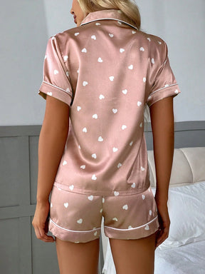 Conjunto de Pijama de Shorts de Manga Curta com Estampa de Coração em Seda Sintética