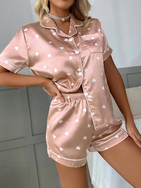 Conjunto de Pijama de Shorts de Manga Curta com Estampa de Coração em Seda Sintética