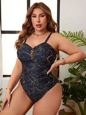 SHEIN Swim Curve Maiô de uma peça com decote com corrente e franzido, para Mulheres Plus Size, para Férias