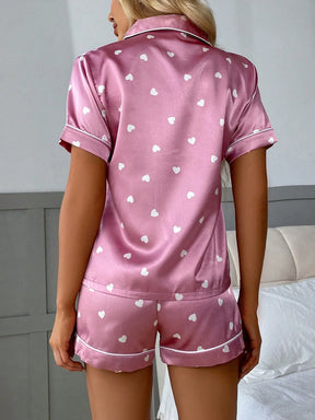 Conjunto de Pijama de Shorts de Manga Curta com Estampa de Coração em Seda Sintética