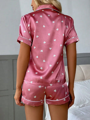 Conjunto de Pijama de Shorts de Manga Curta com Estampa de Coração em Seda Sintética