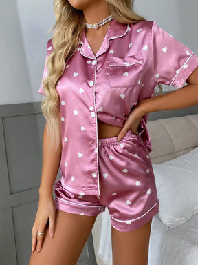 Conjunto de Pijama de Shorts de Manga Curta com Estampa de Coração em Seda Sintética