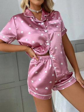 Conjunto de Pijama de Shorts de Manga Curta com Estampa de Coração em Seda Sintética