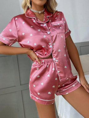 Conjunto de Pijama de Shorts de Manga Curta com Estampa de Coração em Seda Sintética