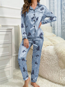 Conjunto de Pijama com Calça de Manga Longa e Gola Virada, Estampa de Coração Imitação de Seda